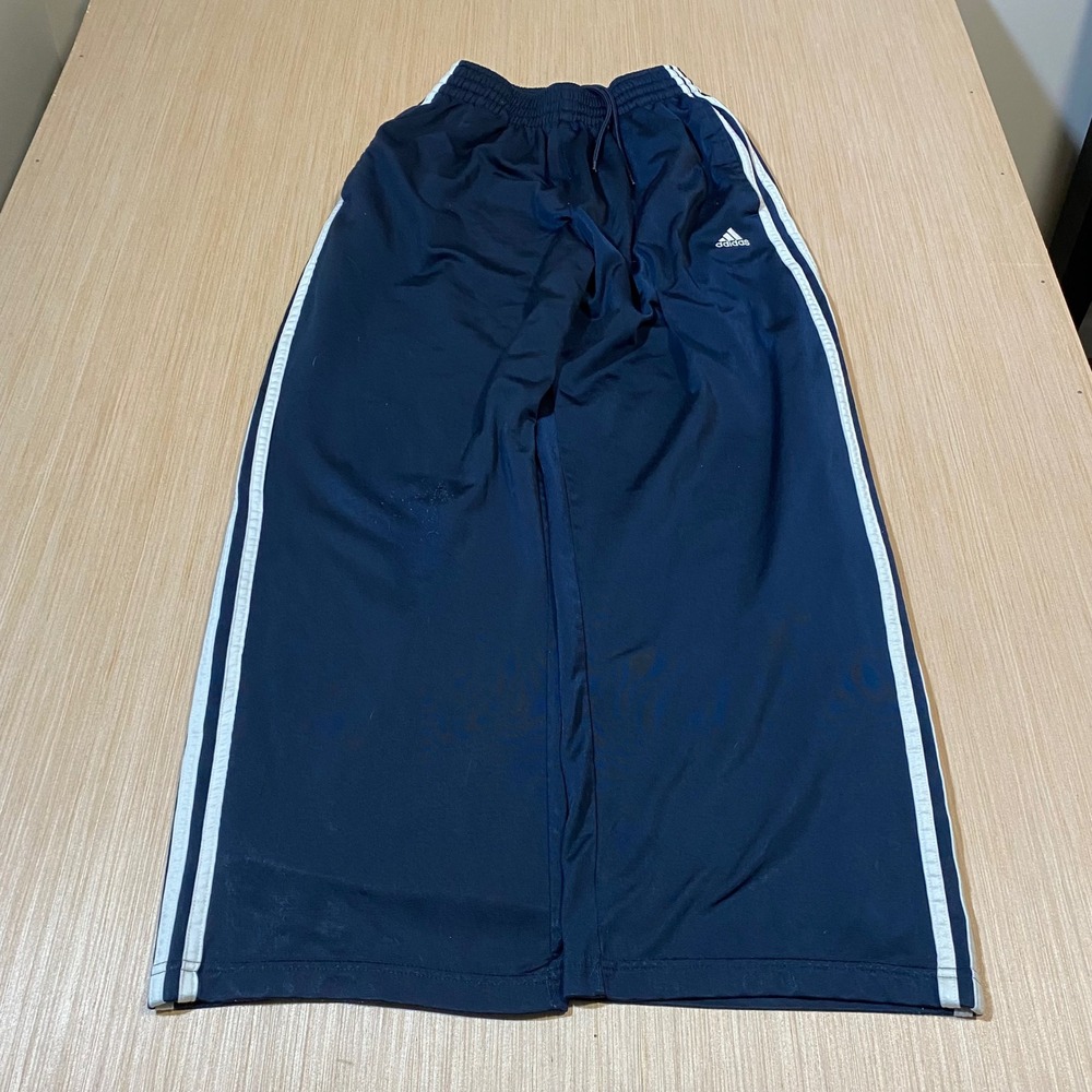Adidas Navy Blue Wide Leg Track Pants White Three Stripe Small Relaxed Fit